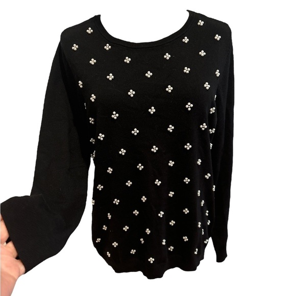 NWOT BLACK SOFT KNIT SCOOP NECK SWEATER W FRONT PEARL LIKE BEADS RELAXED FIT PXL - Picture 1 of 7
